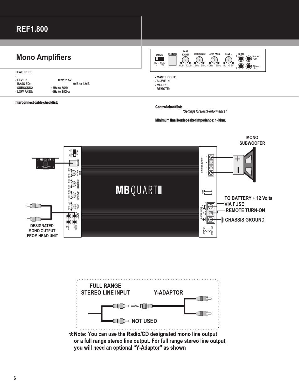 Onyx, Mono amplifiers ref1.800, Mono subwoofer | Designated mono output from head unit | MB QUART REF4.50 User Manual | Page 7 / 11