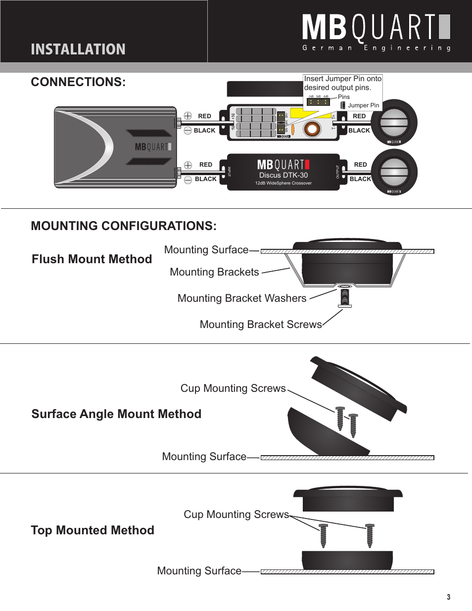 Installation, Surface angle mount method, Top mounted method | Cup mounting screws | MB QUART DTK-30 User Manual | Page 3 / 4