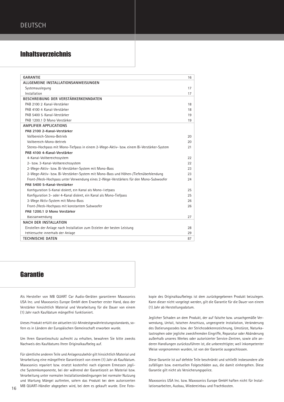 Deutsch inhaltsverzeichnis, Garantie | MB QUART PAB 1200.1 D User Manual | Page 16 / 88