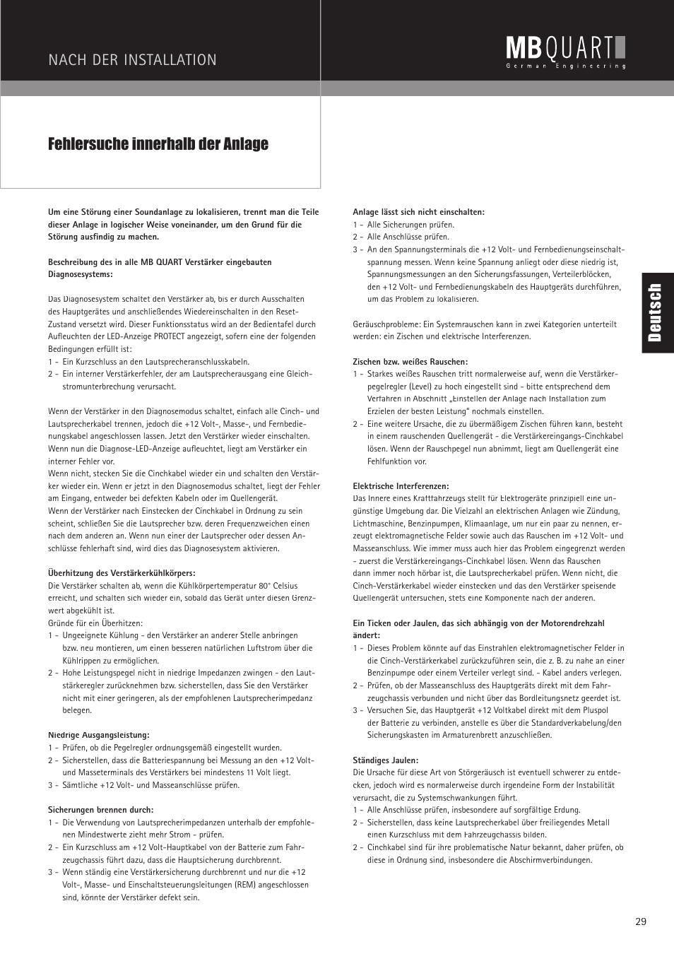 De ut sc h nach der installation, Fehlersuche innerhalb der anlage | MB QUART PAB 1200.1 D User Manual | Page 29 / 88