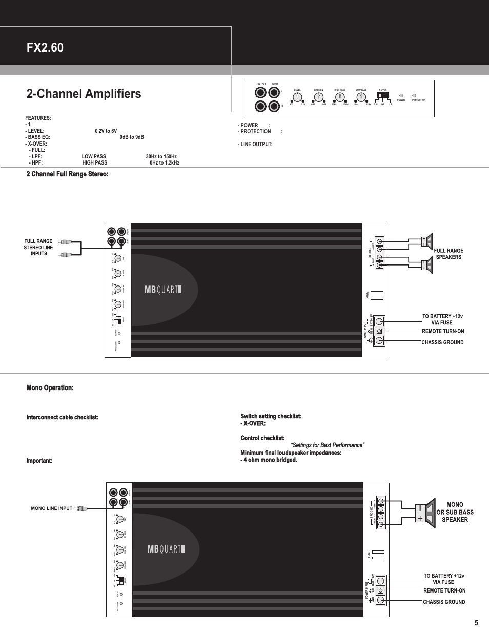 Channel amplifiers fx2.60, 2 channel full range stereo, Mono operation | MB QUART FX1.1000 User Manual | Page 6 / 11