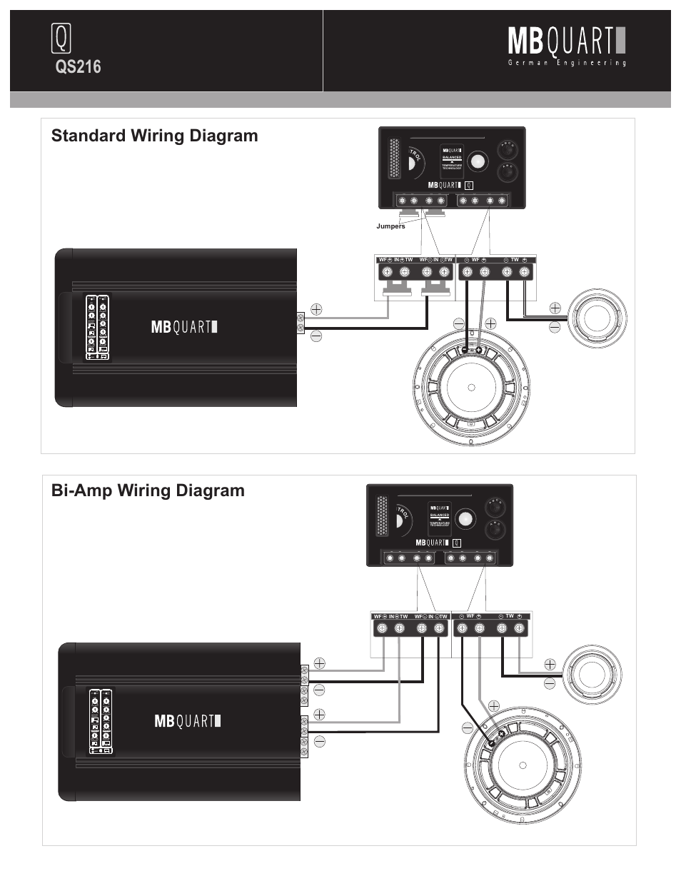 Qs216, Standard wiring diagram bi-amp wiring diagram, Wf+/wf- +tw/-tw | MB QUART QS216 User Manual | Page 5 / 8