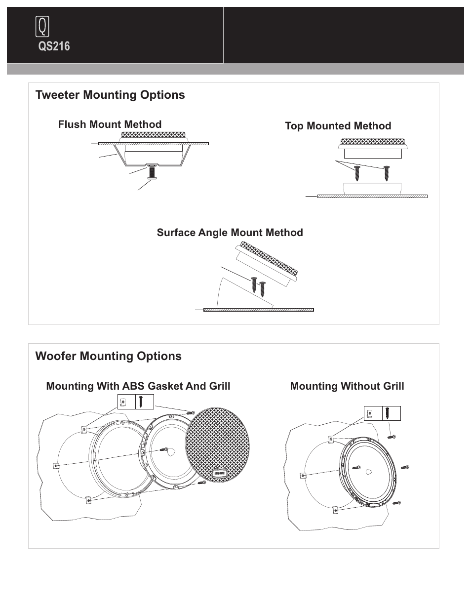 Qs216, Tweeter mounting options woofer mounting options, Surface angle mount method | Top mounted method | MB QUART QS216 User Manual | Page 6 / 8