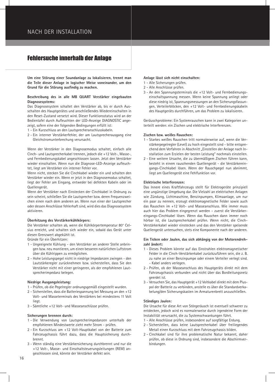 Nach der installation, Fehlersuche innerhalb der anlage | MB QUART RAB 1450 User Manual | Page 16 / 56