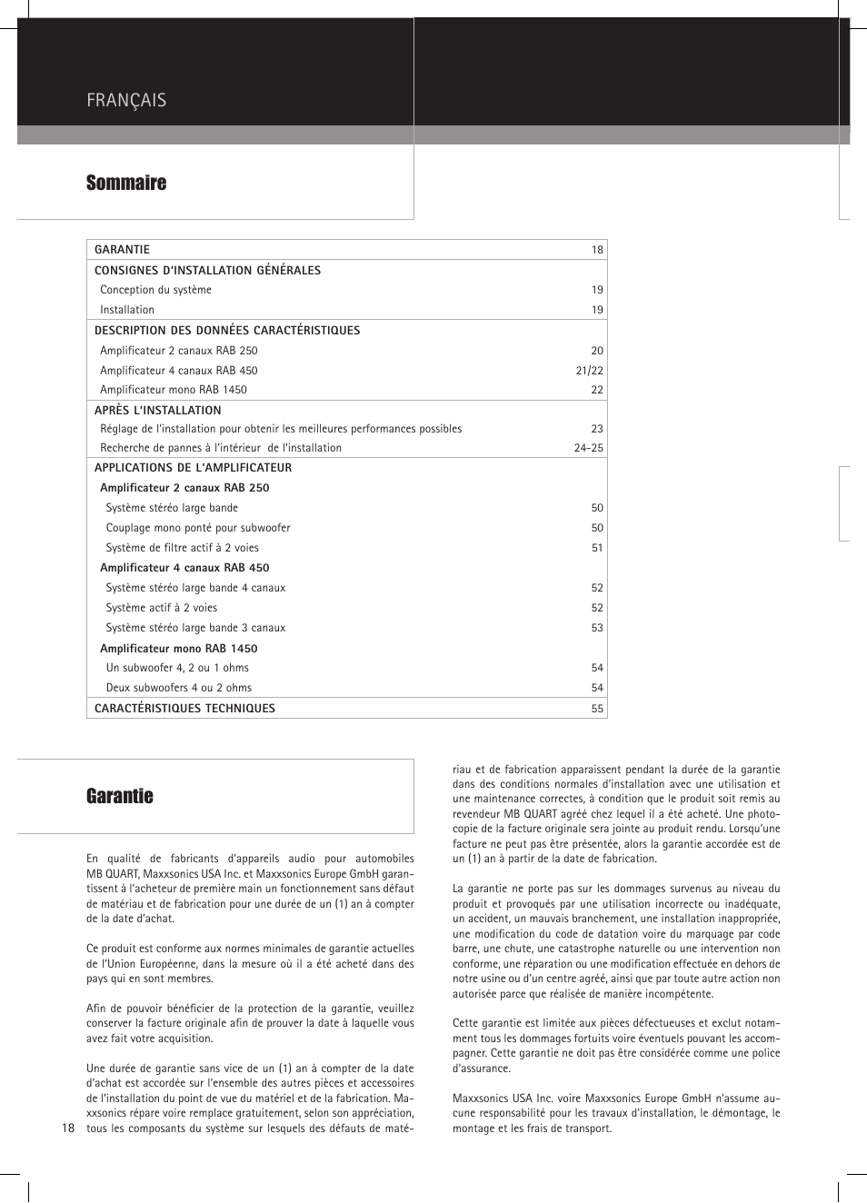 Français, Sommaire, Garantie | MB QUART RAB 1450 User Manual | Page 18 / 56