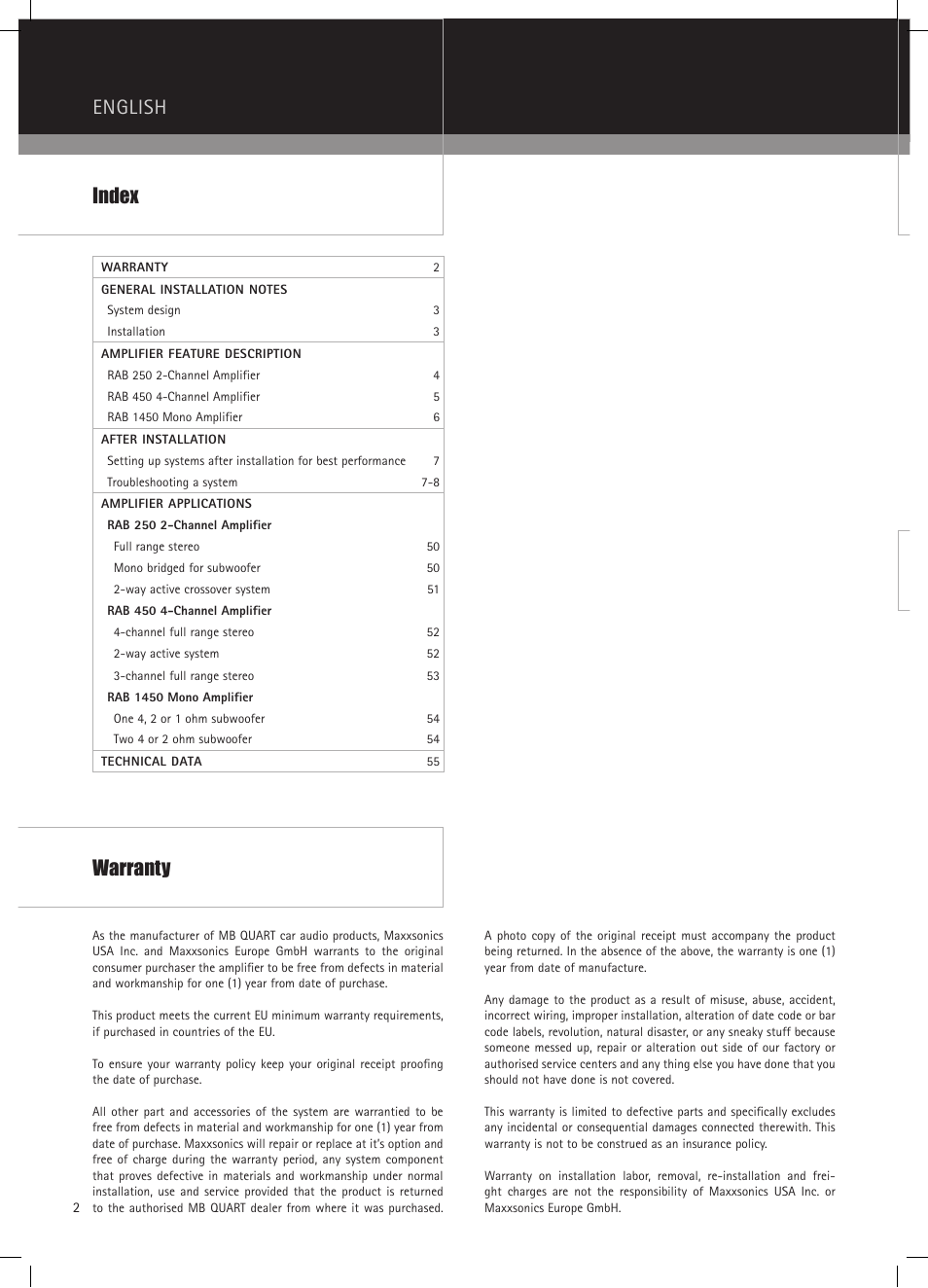 Index english, Warranty | MB QUART RAB 1450 User Manual | Page 2 / 56