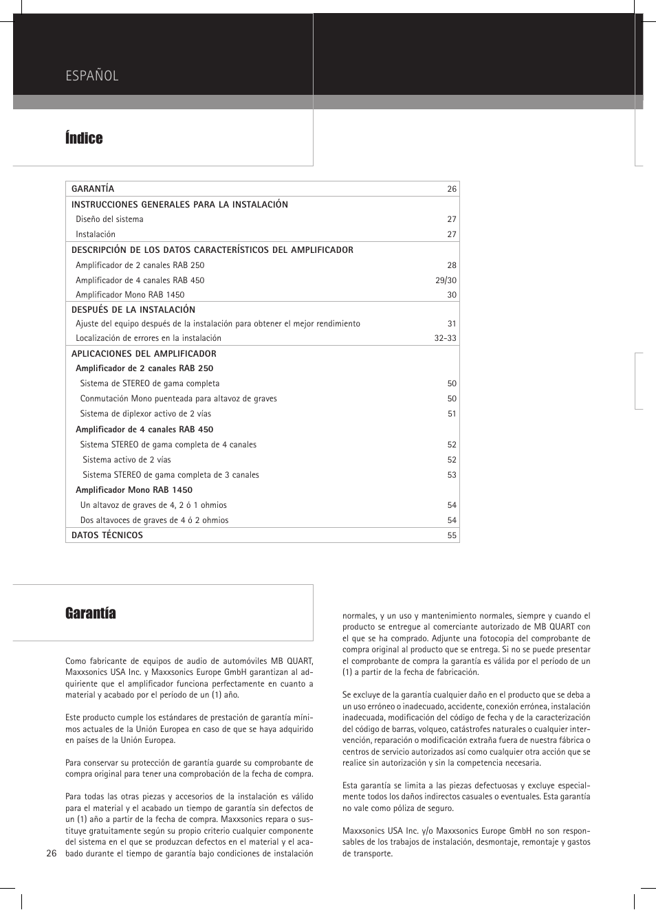 Español, Índice, Garantía | MB QUART RAB 1450 User Manual | Page 26 / 56