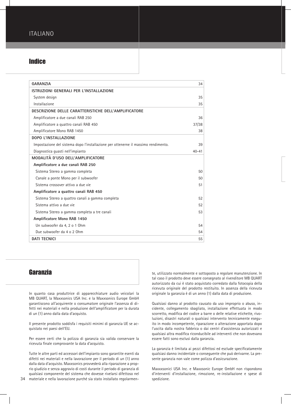 Italiano, Indice, Garanzia | MB QUART RAB 1450 User Manual | Page 34 / 56