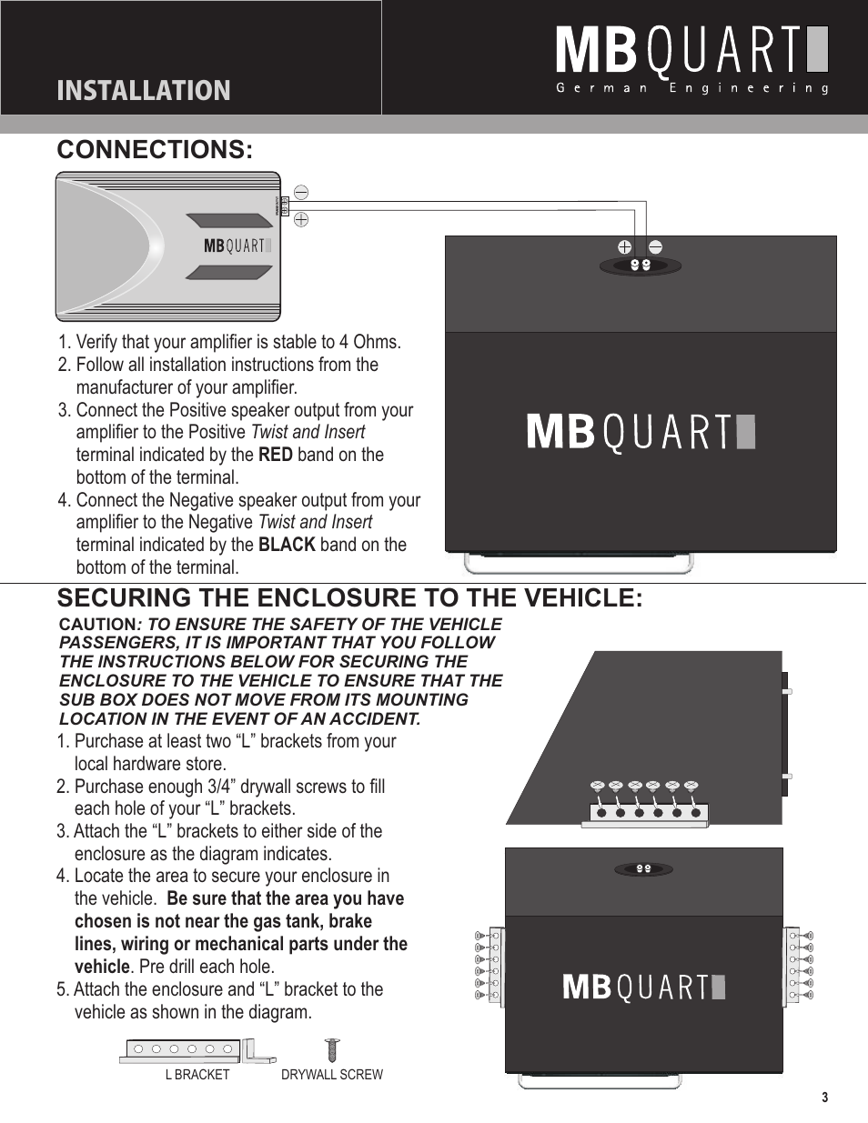 Installation, Connections: securing the enclosure to the vehicle | MB QUART MBQ12SB4 User Manual | Page 3 / 4