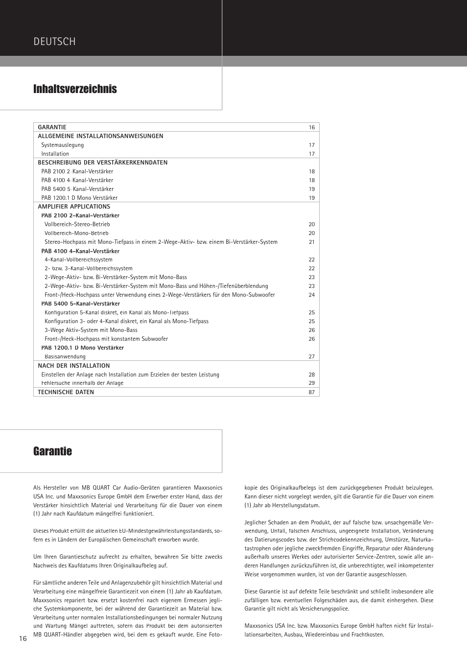 Deutsch inhaltsverzeichnis, Garantie | MB QUART PAB 2100c User Manual | Page 16 / 88