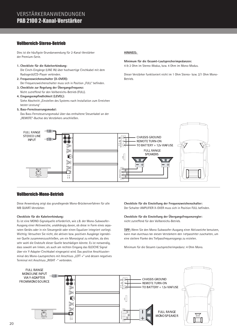 Vollbereich-stereo-betrieb, Vollbereich-mono-betrieb | MB QUART PAB 2100c User Manual | Page 20 / 88