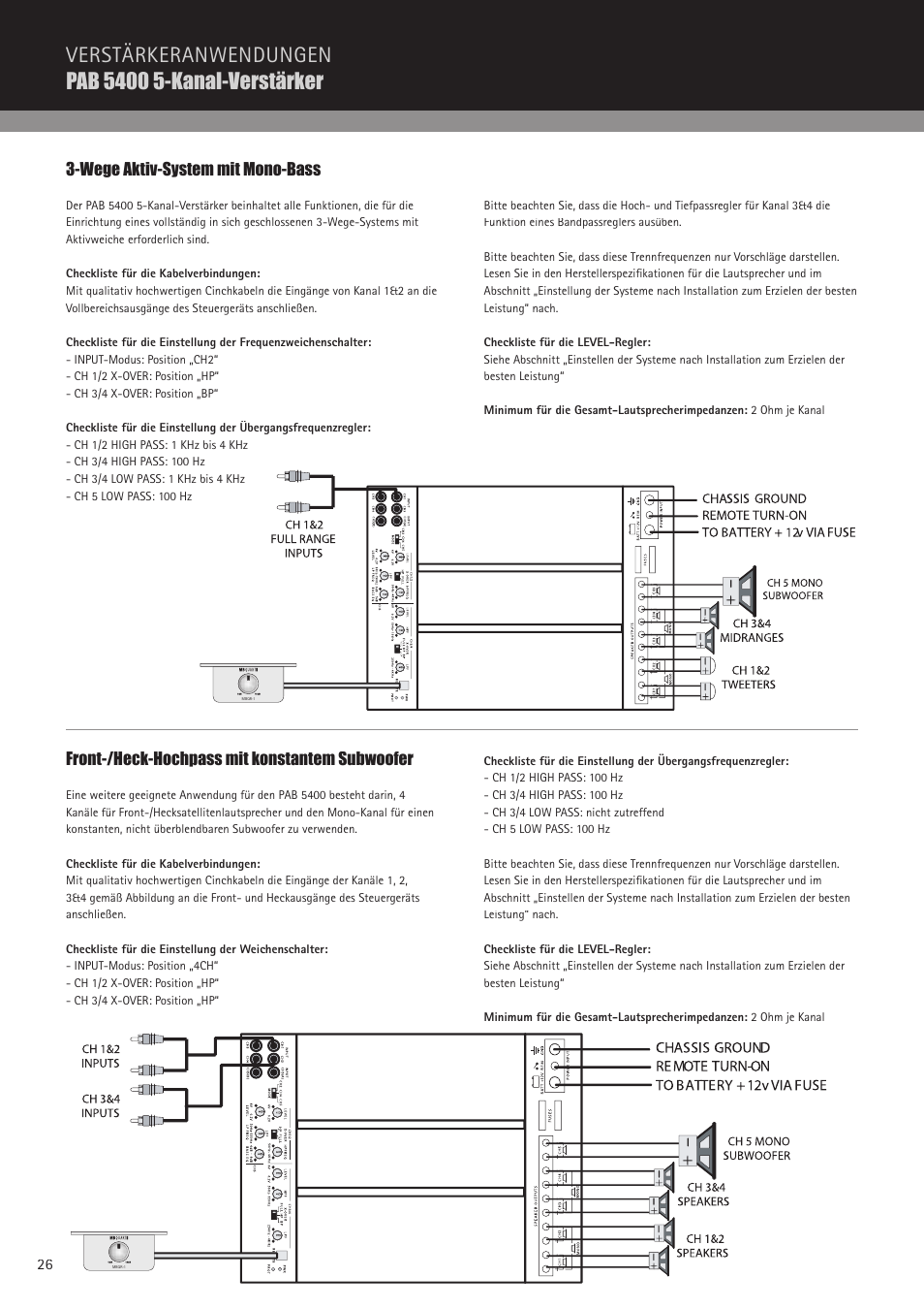 Wege aktiv-system mit mono-bass, Front-/heck-hochpass mit konstantem subwoofer | MB QUART PAB 2100c User Manual | Page 26 / 88