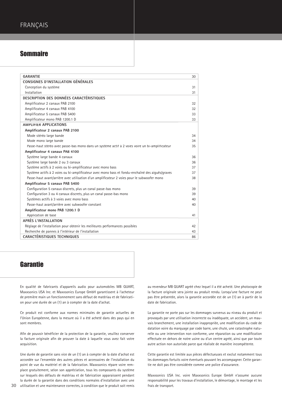 Français sommaire, Garantie | MB QUART PAB 2100c User Manual | Page 30 / 88