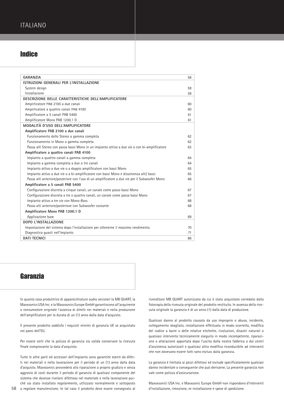 Italiano indice, Garanzia | MB QUART PAB 2100c User Manual | Page 58 / 88