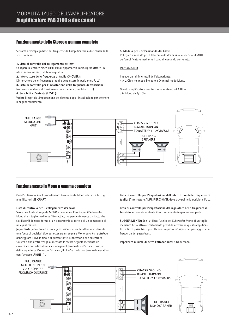 Funzionamento dello stereo a gamma completa, Funzionamento in mono a gamma completa | MB QUART PAB 2100c User Manual | Page 62 / 88