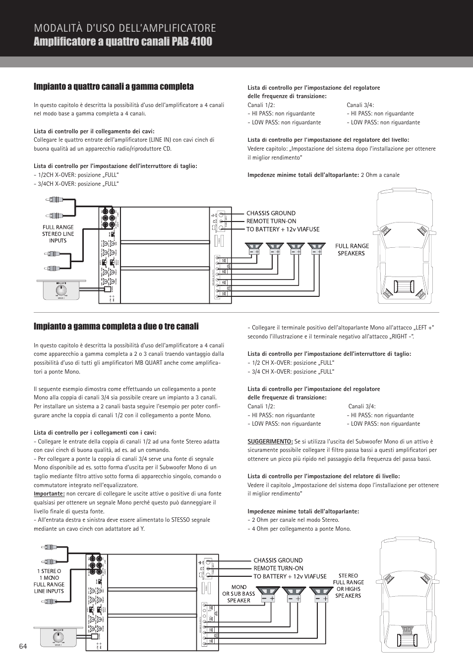 Impianto a quattro canali a gamma completa, Impianto a gamma completa a due o tre canali | MB QUART PAB 2100c User Manual | Page 64 / 88