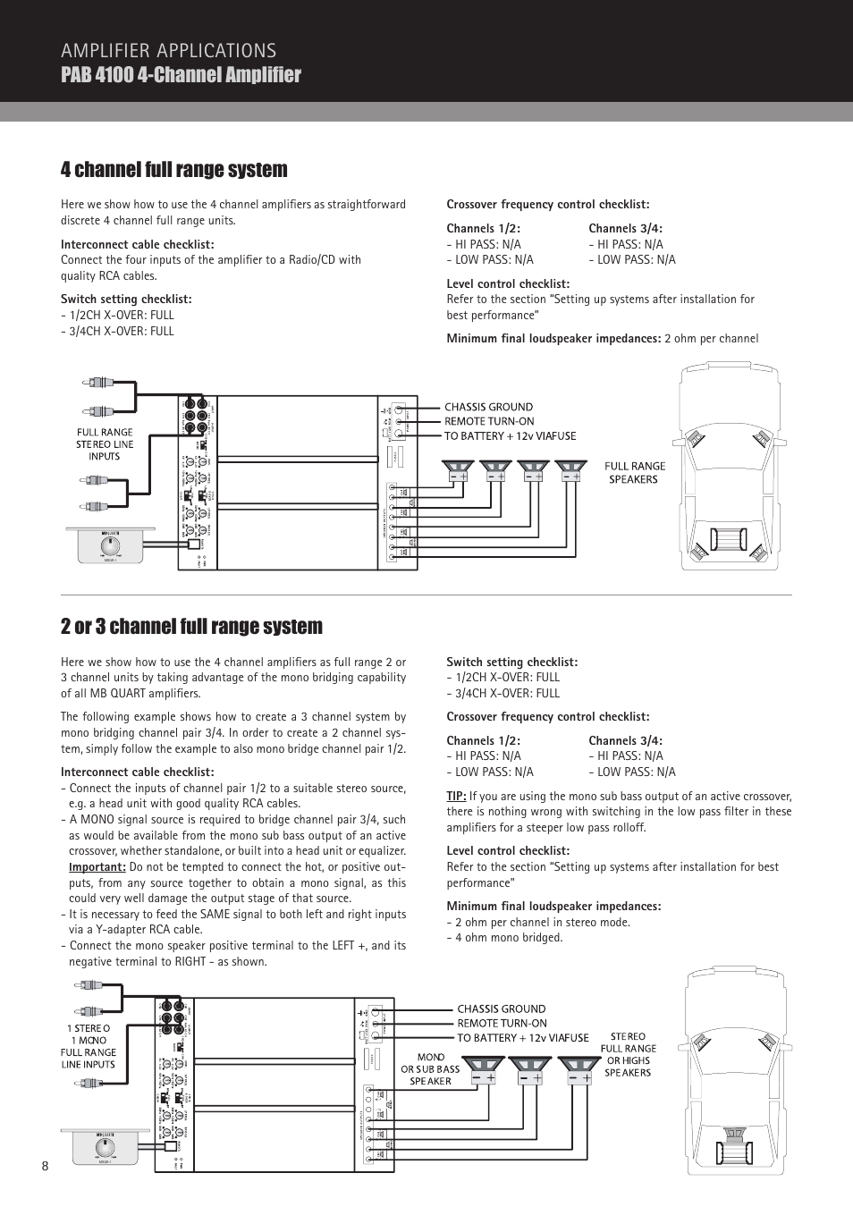 4 channel full range system, 2 or 3 channel full range system | MB QUART PAB 2100c User Manual | Page 8 / 88
