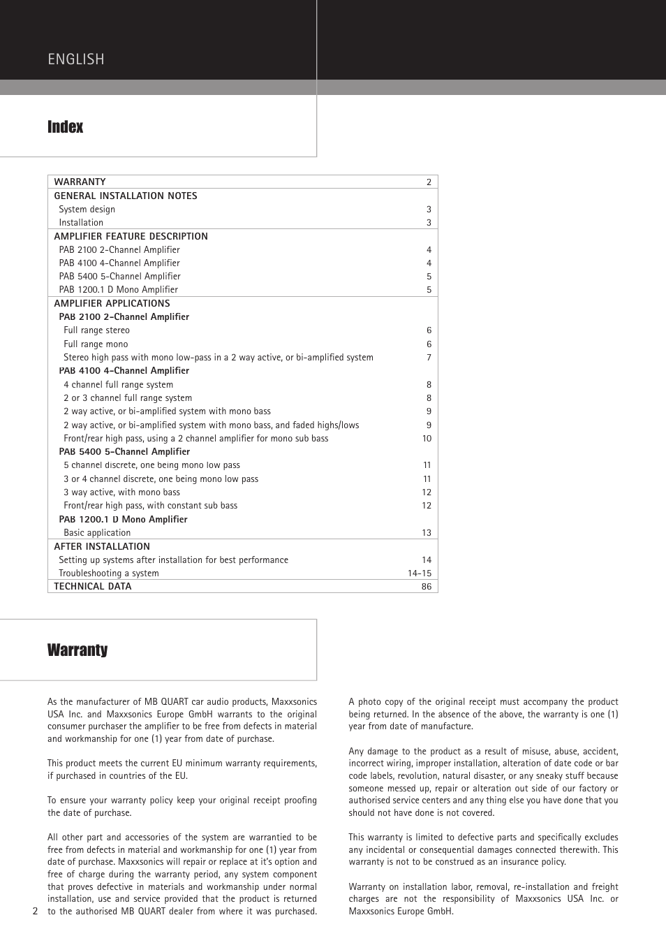 Index english, Warranty | MB QUART PAB 2100 User Manual | Page 2 / 88