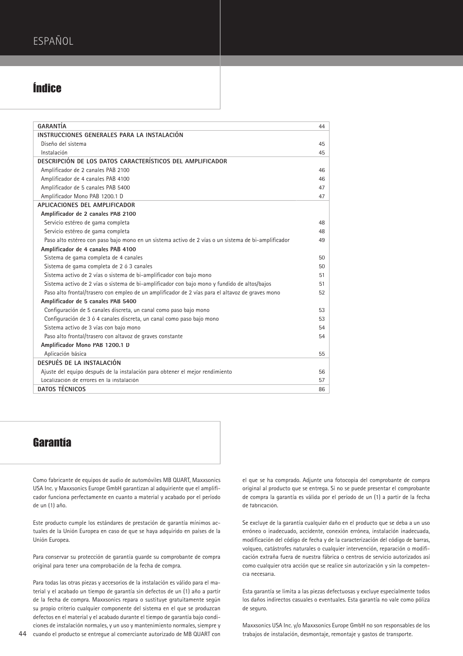 Español índice, Garantía | MB QUART PAB 2100 User Manual | Page 44 / 88
