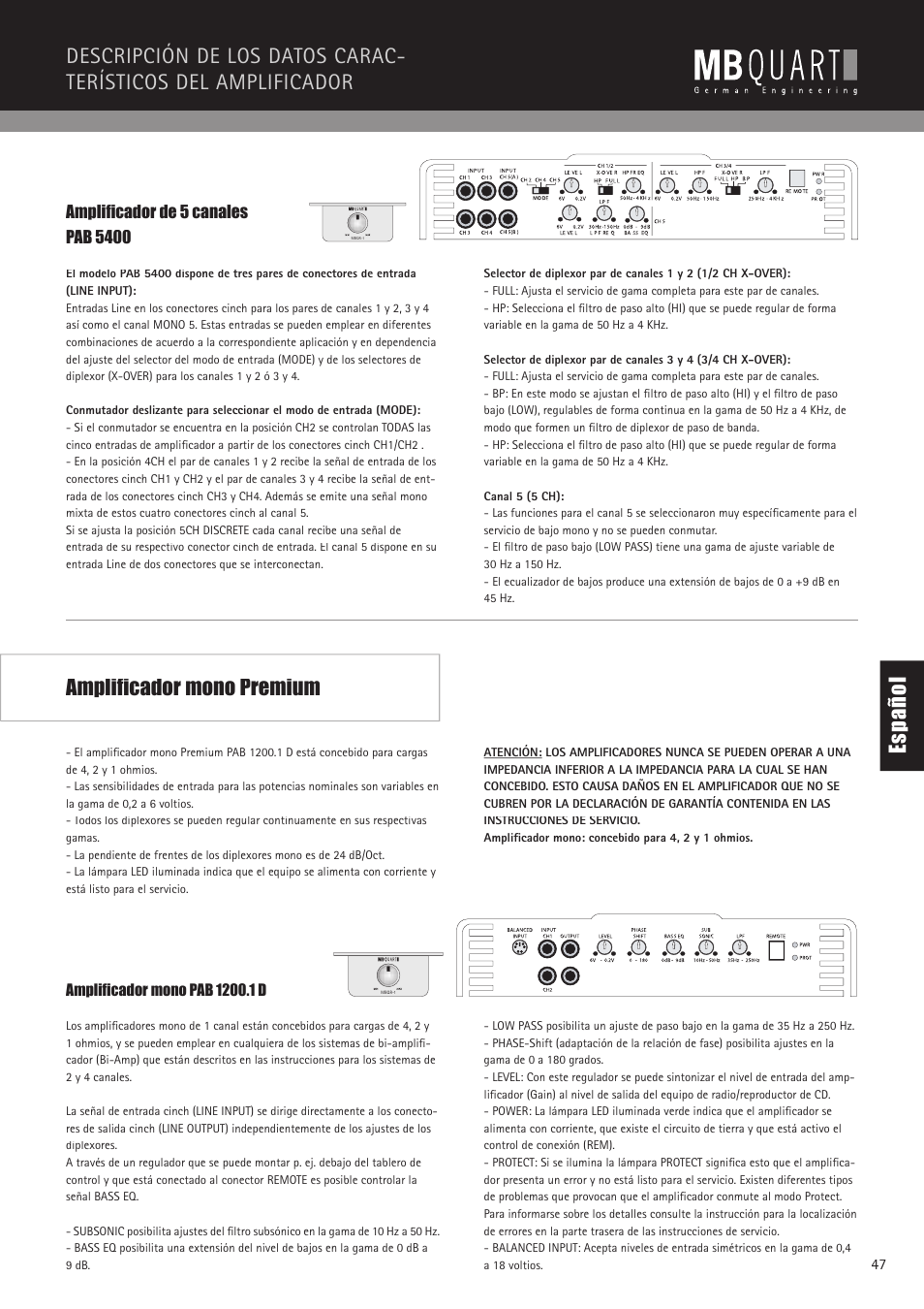 Es pa ño l amplificador mono premium | MB QUART PAB 2100 User Manual | Page 47 / 88