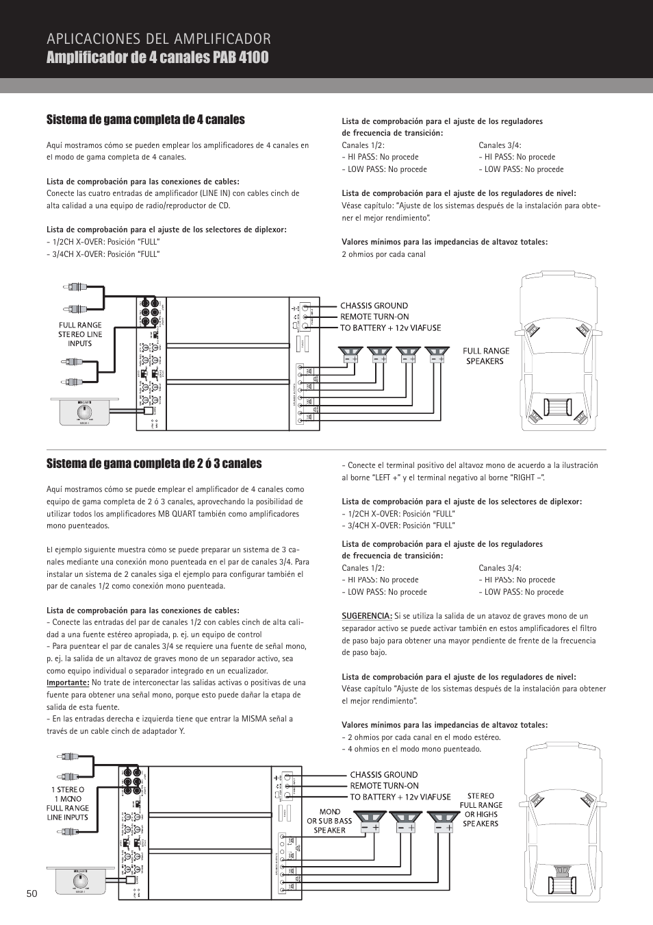 Sistema de gama completa de 4 canales, Sistema de gama completa de 2 ó 3 canales | MB QUART PAB 2100 User Manual | Page 50 / 88