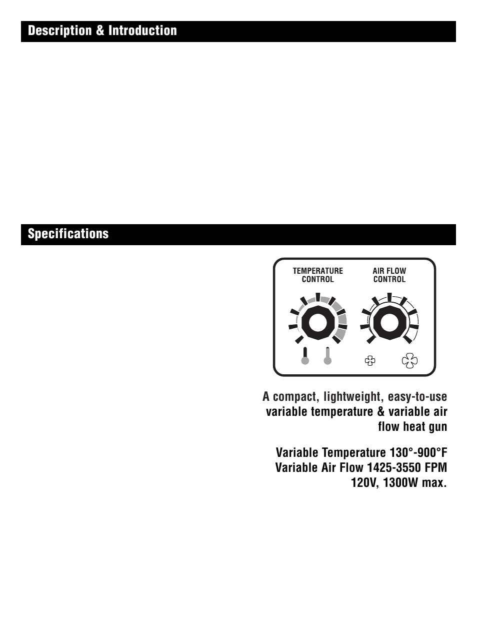 Description & introduction, Specifications | Master Appliance 1425-3550 FPM130-900F User Manual | Page 2 / 24