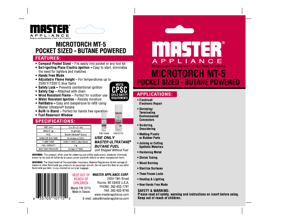 Master Appliance MT-5 User Manual | 2 pages