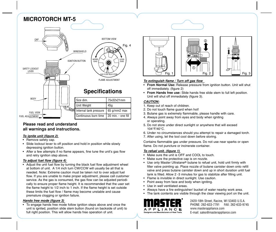 Microtorch mt-5, Specifications | Master Appliance MT-5 User Manual | Page 2 / 2