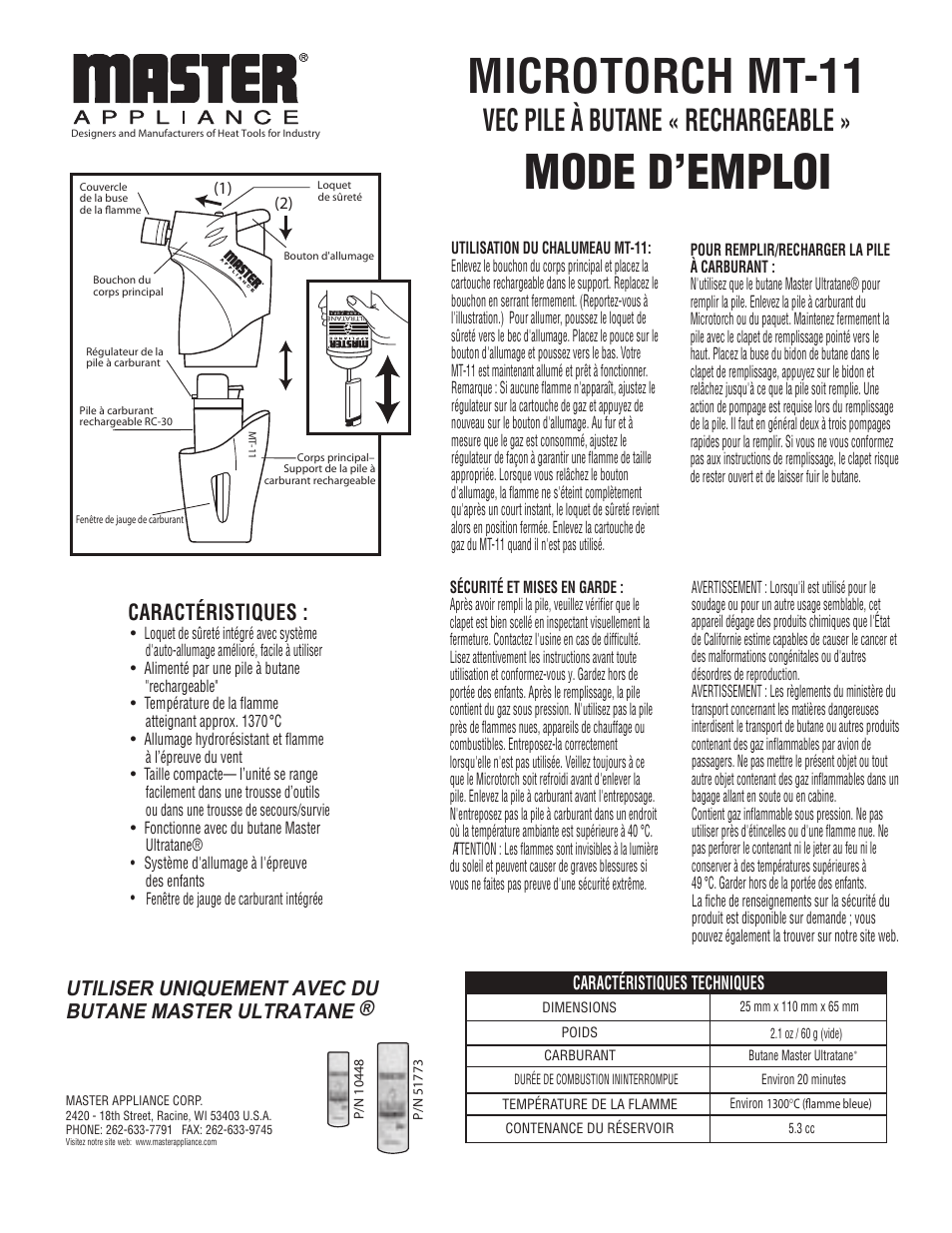 Microtorch mt-11, Mode d’emploi, Vec pile à butane « rechargeable | Caractéristiques, Caractéristiques techniques | Master Appliance MICROTORCH MT-11 User Manual | Page 2 / 3