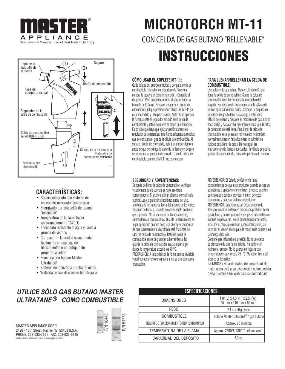 Microtorch mt-11, Instrucciones, Con celda de gas butano “rellenable | Utilice sólo gas butano master ultratane, Como combustible, Características, Especificaciones | Master Appliance MICROTORCH MT-11 User Manual | Page 3 / 3