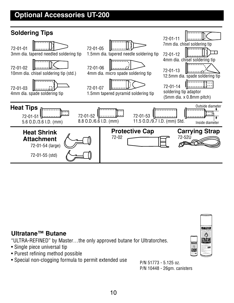 Optional accessories ut-200, 10 ultratane™ butane, Heat shrink attachment heat tips carrying strap | Protective cap soldering tips | Master Appliance UT-100 User Manual | Page 10 / 32