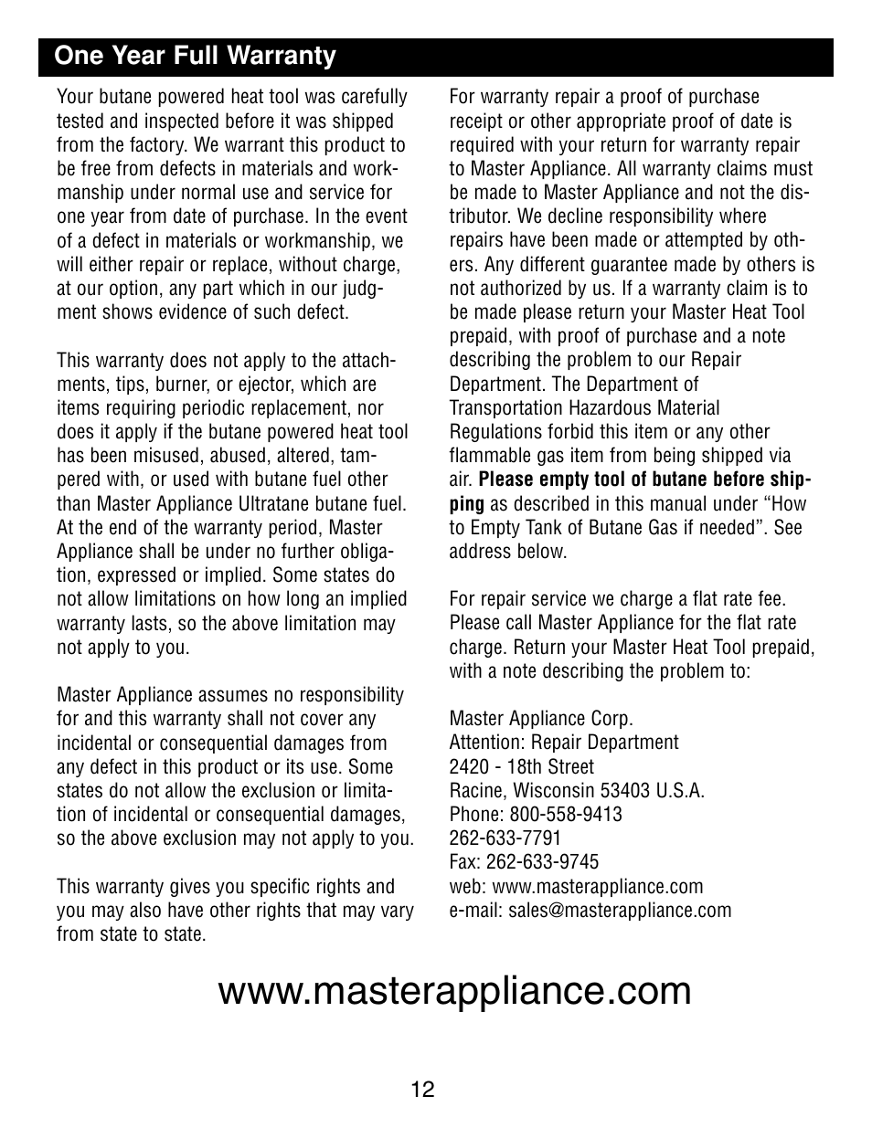 Master Appliance UT-100 User Manual | Page 12 / 32