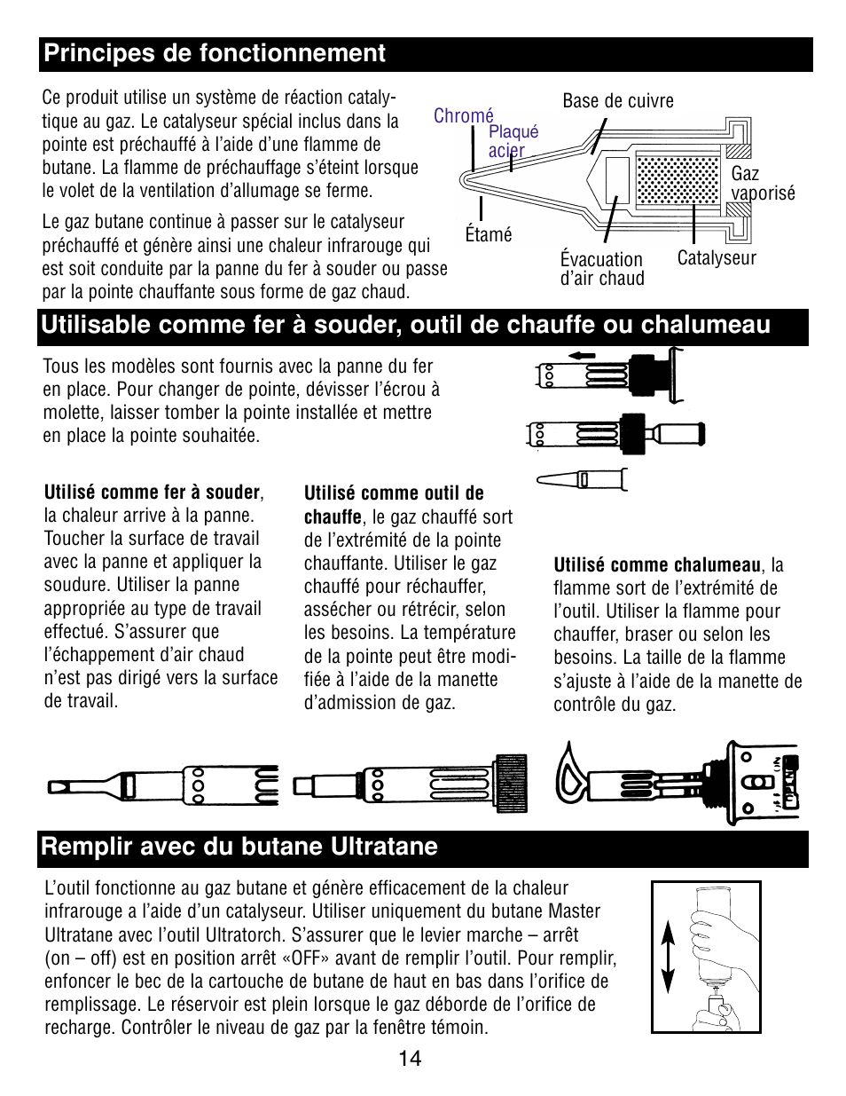 Principes de fonctionnement, Remplir avec du butane ultratane | Master Appliance UT-100 User Manual | Page 14 / 32