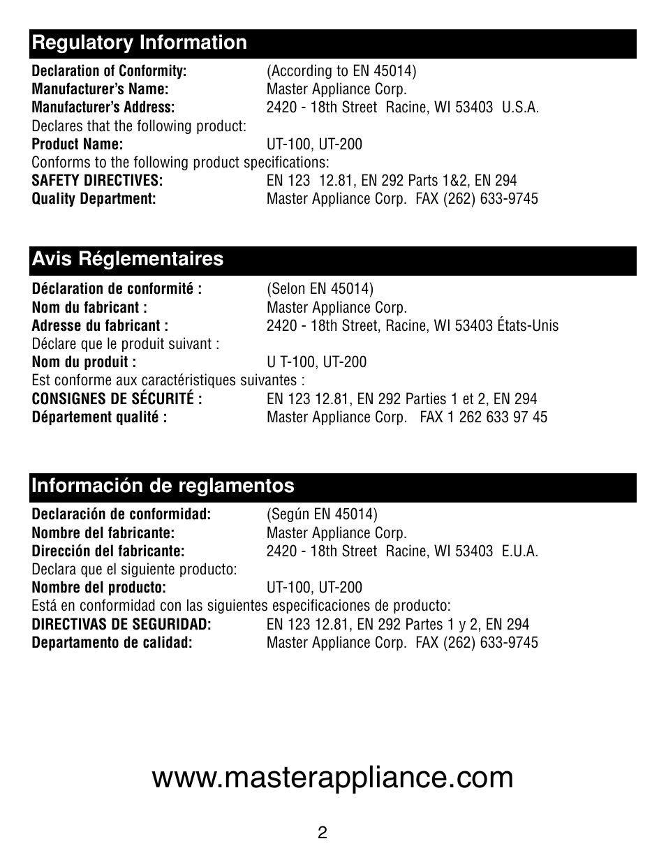 Regulatory information, Avis réglementaires, Información de reglamentos | Master Appliance UT-100 User Manual | Page 2 / 32