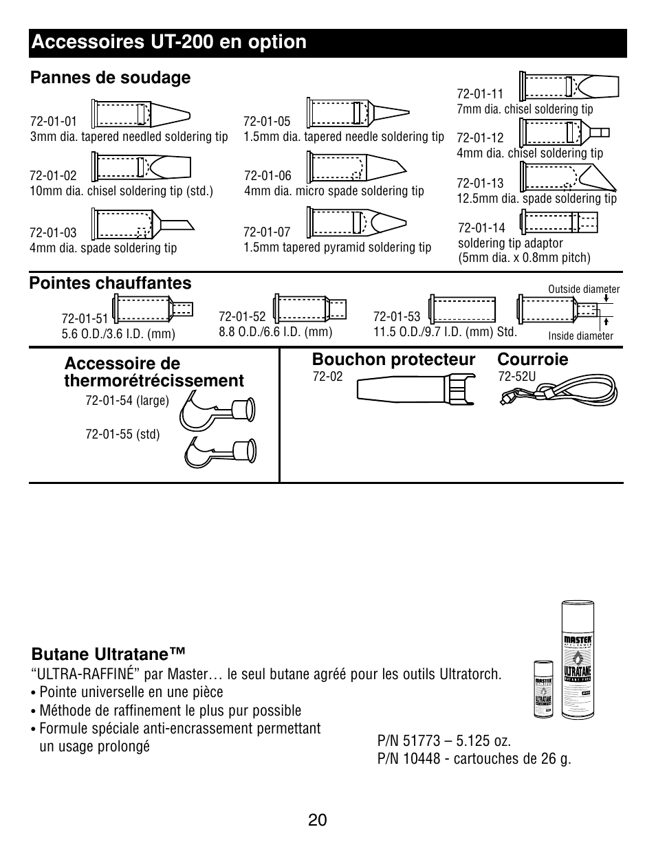 Accessoires ut-200 en option, 20 butane ultratane, Bouchon protecteur pannes de soudage | Master Appliance UT-100 User Manual | Page 20 / 32