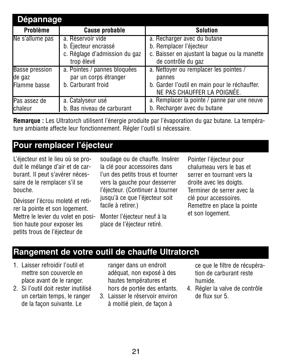 Dépannage, Pour remplacer l’éjecteur, Rangement de votre outil de chauffe ultratorch | Master Appliance UT-100 User Manual | Page 21 / 32