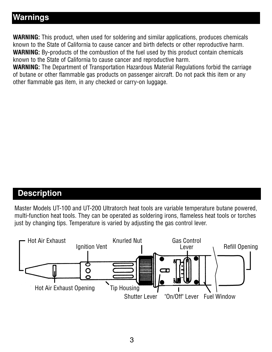 Warnings description | Master Appliance UT-100 User Manual | Page 3 / 32