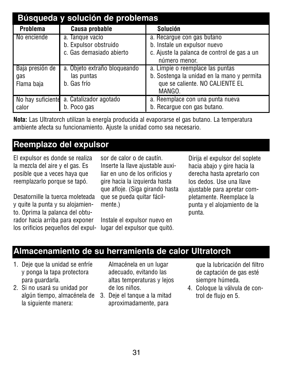 Búsqueda y solución de problemas, Reemplazo del expulsor | Master Appliance UT-100 User Manual | Page 31 / 32