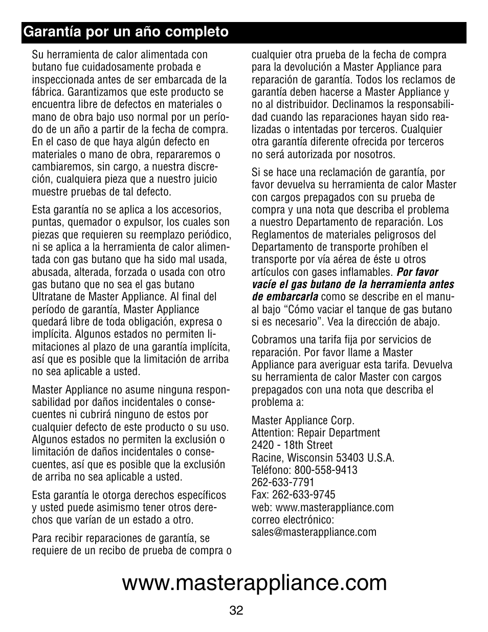 Garantía por un año completo | Master Appliance UT-100 User Manual | Page 32 / 32