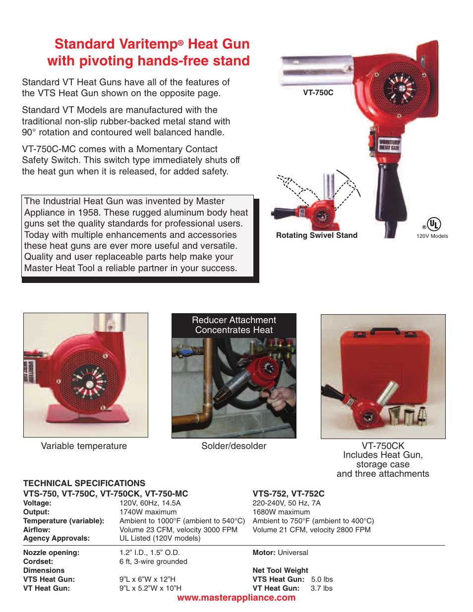 Standard varitemp, Heat gun with pivoting hands-free stand | Master Appliance VTS-750 User Manual | Page 3 / 4