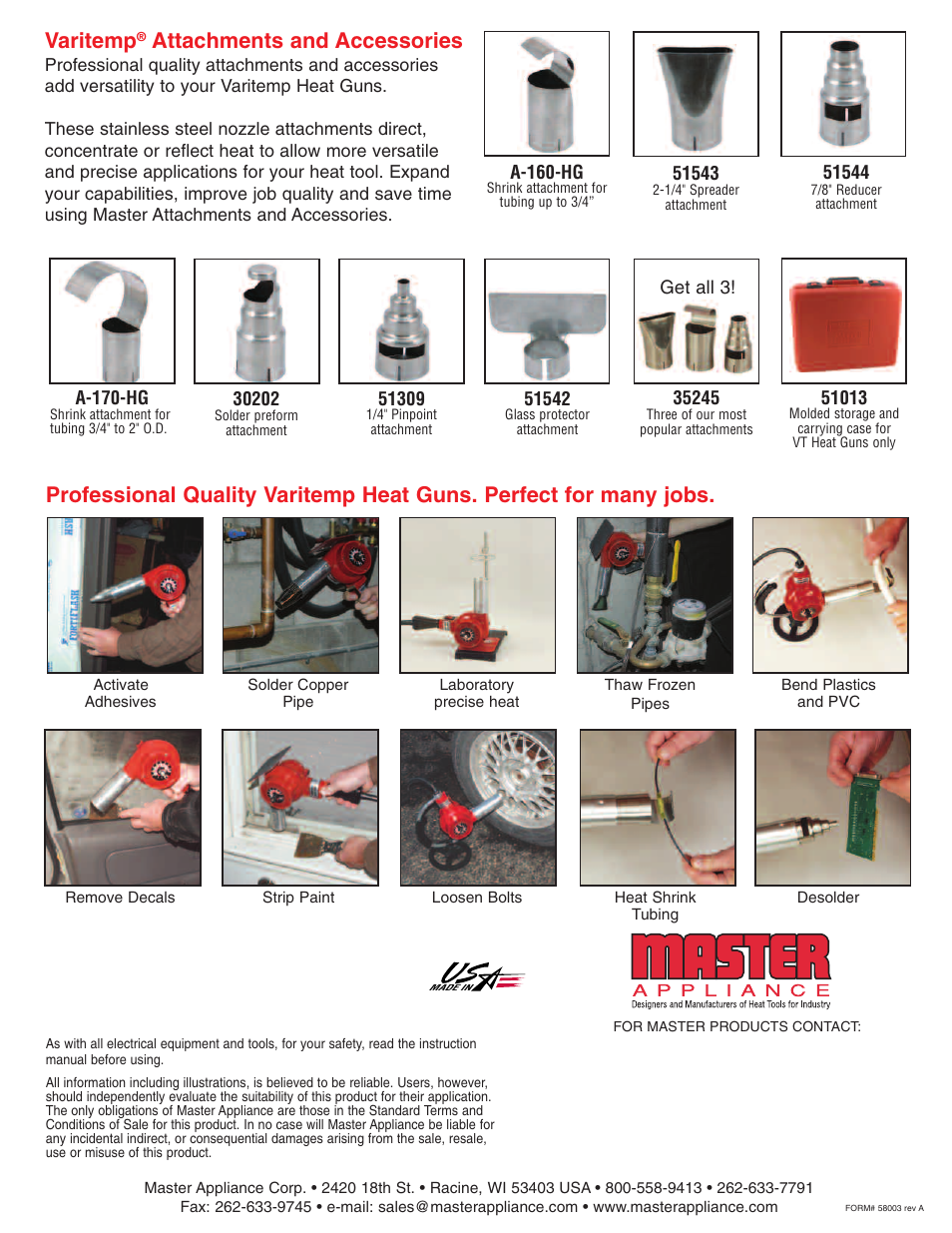 Varitemp, Attachments and accessories | Master Appliance VTS-750 User Manual | Page 4 / 4