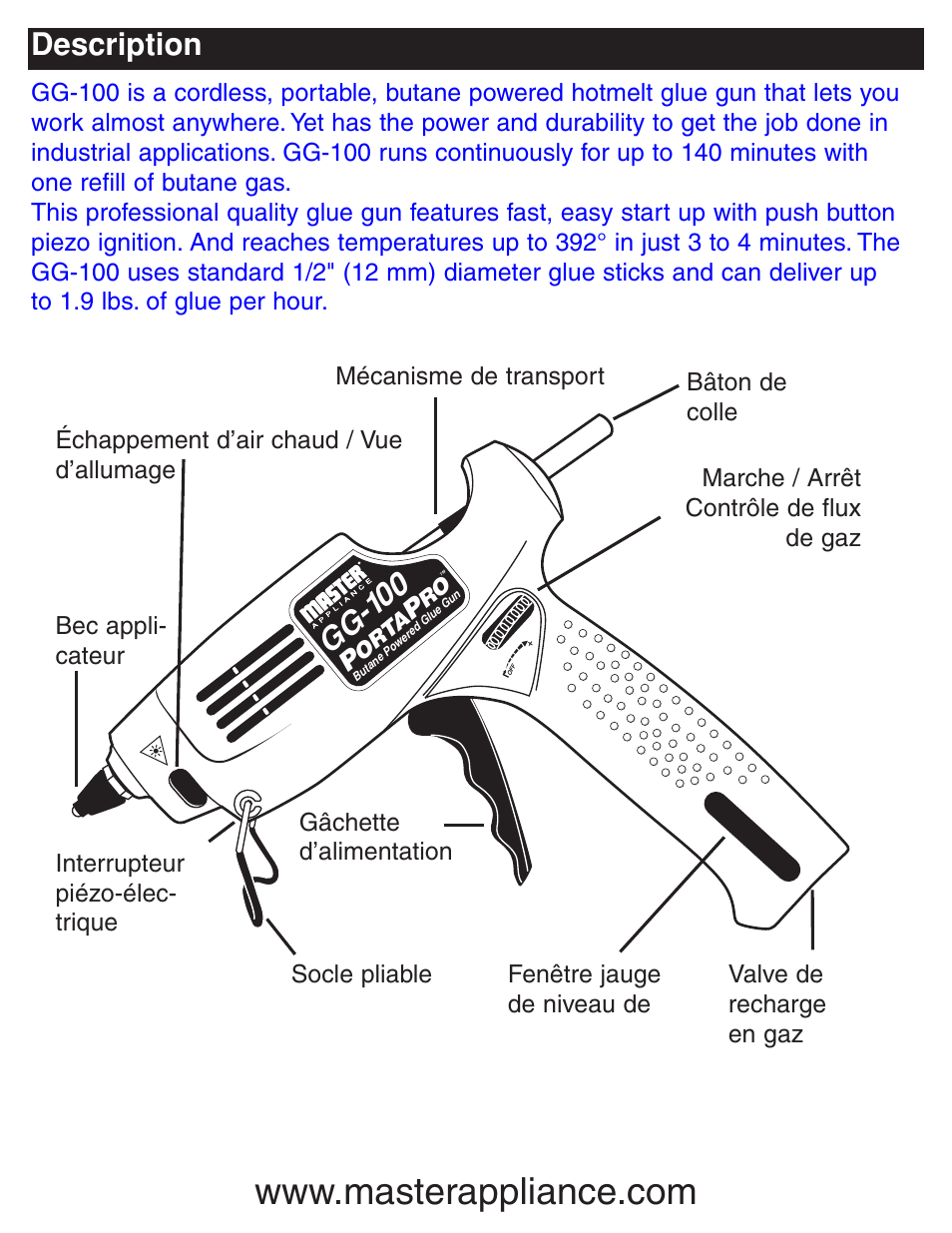 Description, Gg -10 0 | Master Appliance PORTAPRO GG-100 User Manual | Page 10 / 25