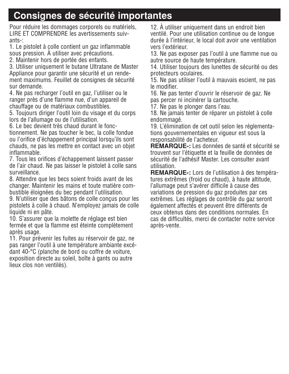 Consignes de sécurité importantes | Master Appliance PORTAPRO GG-100 User Manual | Page 11 / 25