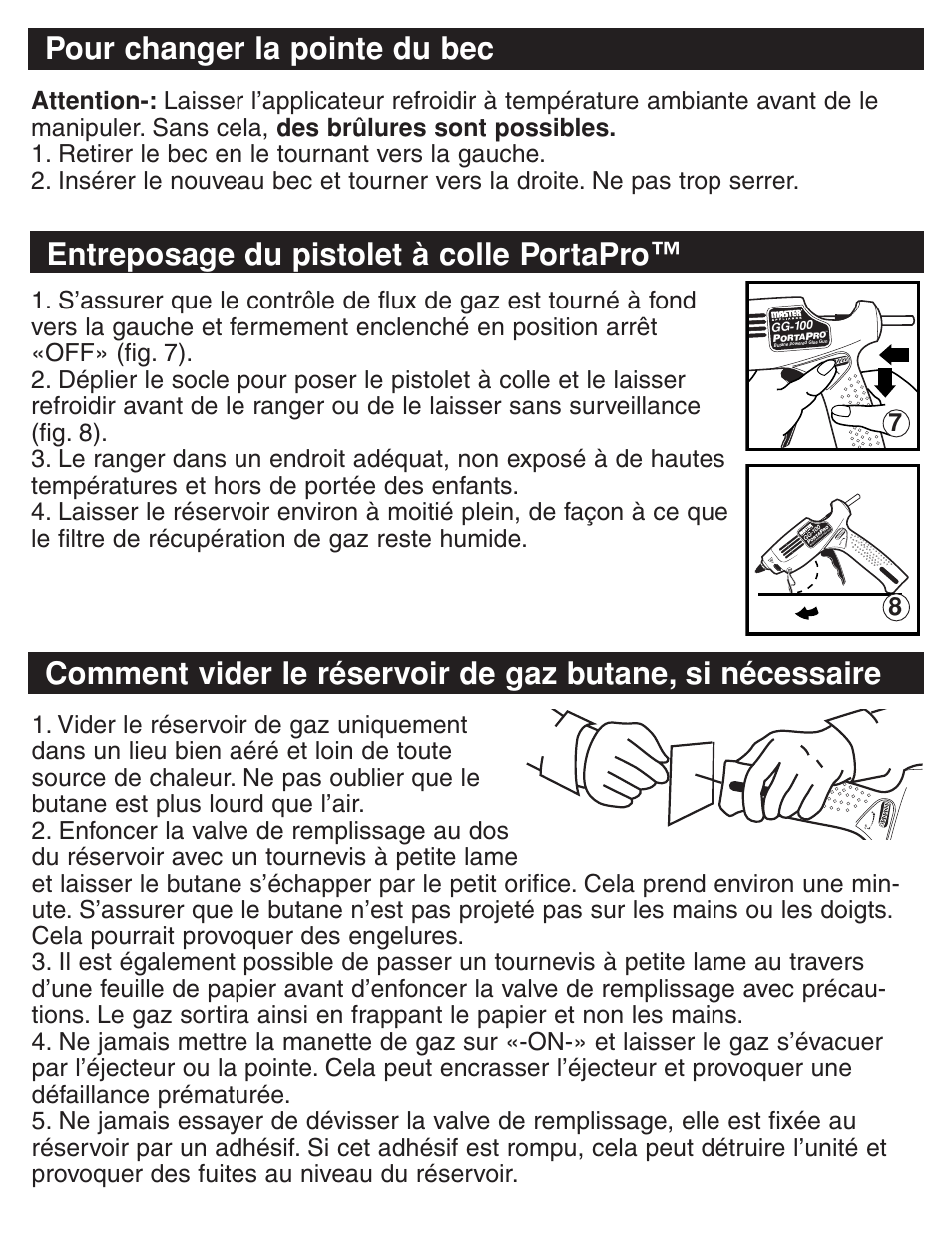 Pour changer la pointe du bec, Entreposage du pistolet à colle portapro | Master Appliance PORTAPRO GG-100 User Manual | Page 13 / 25