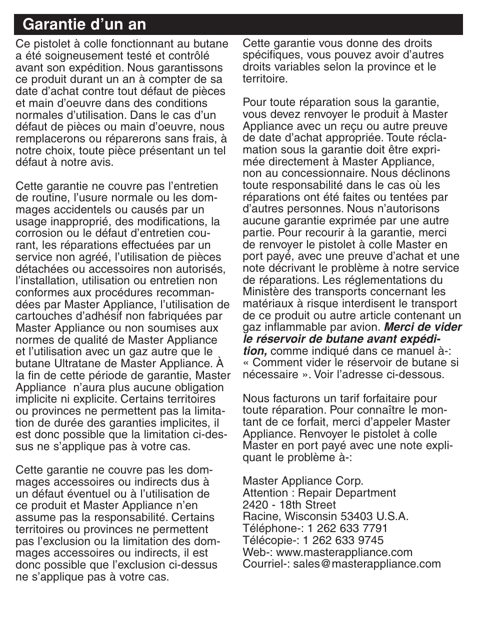 Garantie d’un an | Master Appliance PORTAPRO GG-100 User Manual | Page 16 / 25