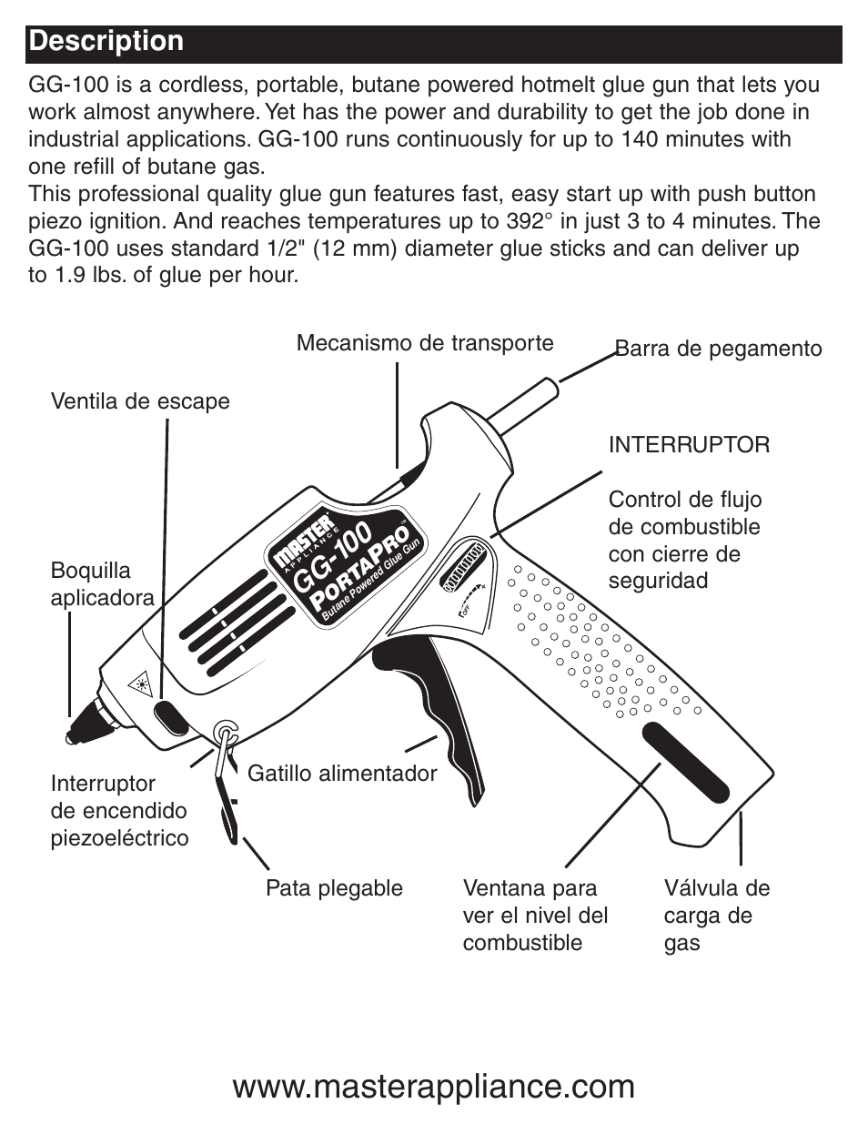 Description, Gg -10 0 | Master Appliance PORTAPRO GG-100 User Manual | Page 19 / 25