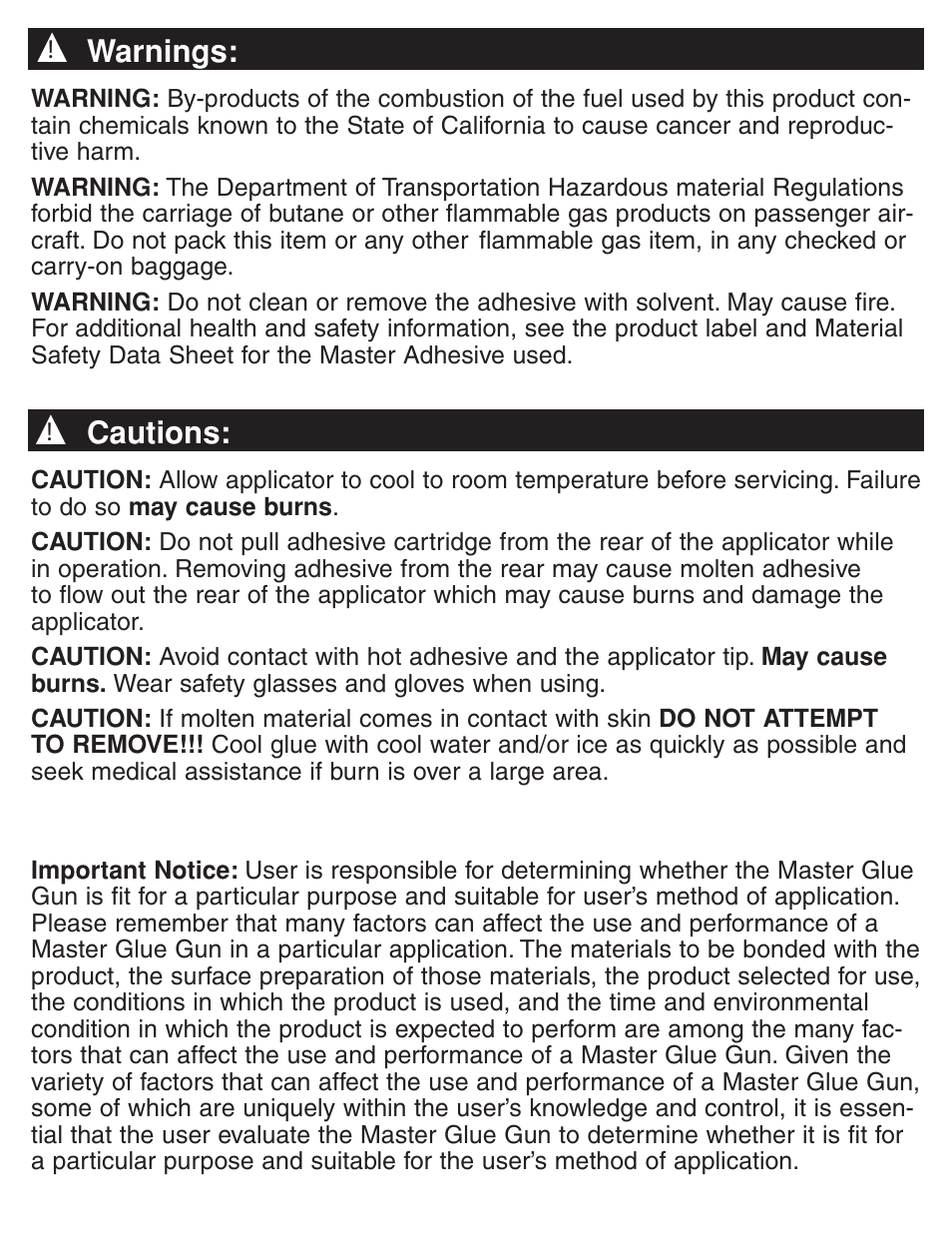 Warnings, Cautions | Master Appliance PORTAPRO GG-100 User Manual | Page 2 / 25