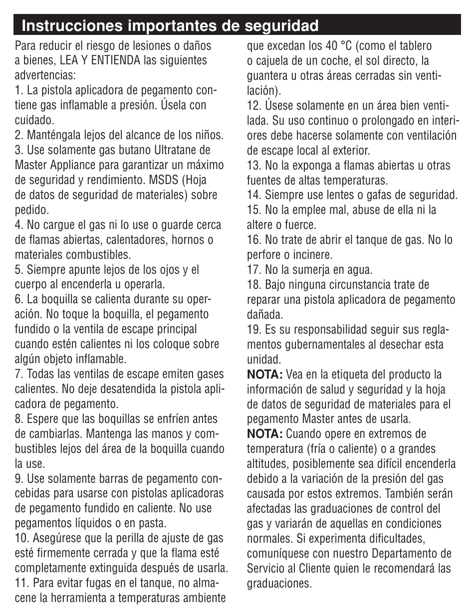 Instrucciones importantes de seguridad | Master Appliance PORTAPRO GG-100 User Manual | Page 20 / 25