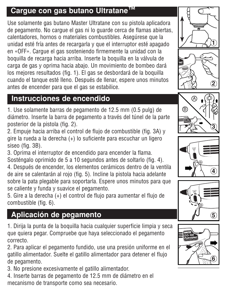 Cargue con gas butano ultratane, Instrucciones de encendido, Aplicación de pegamento | Master Appliance PORTAPRO GG-100 User Manual | Page 21 / 25