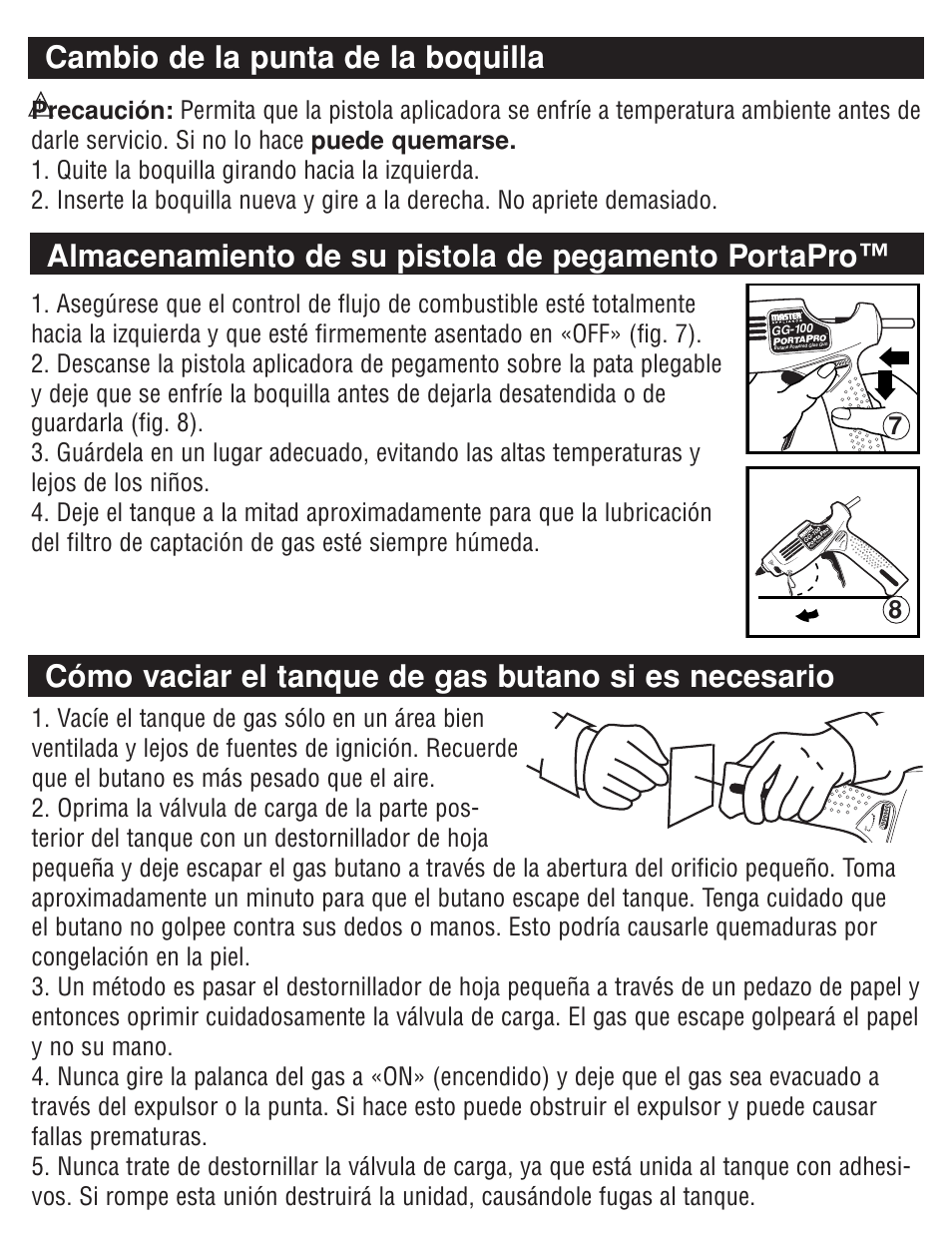 Cambio de la punta de la boquilla, Almacenamiento de su pistola de pegamento portapro | Master Appliance PORTAPRO GG-100 User Manual | Page 22 / 25